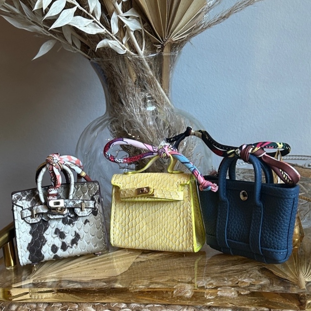 Leather Mini Handbag Lipstick Key Chain w/ Twilly..Sunflower Yellow OR Blue